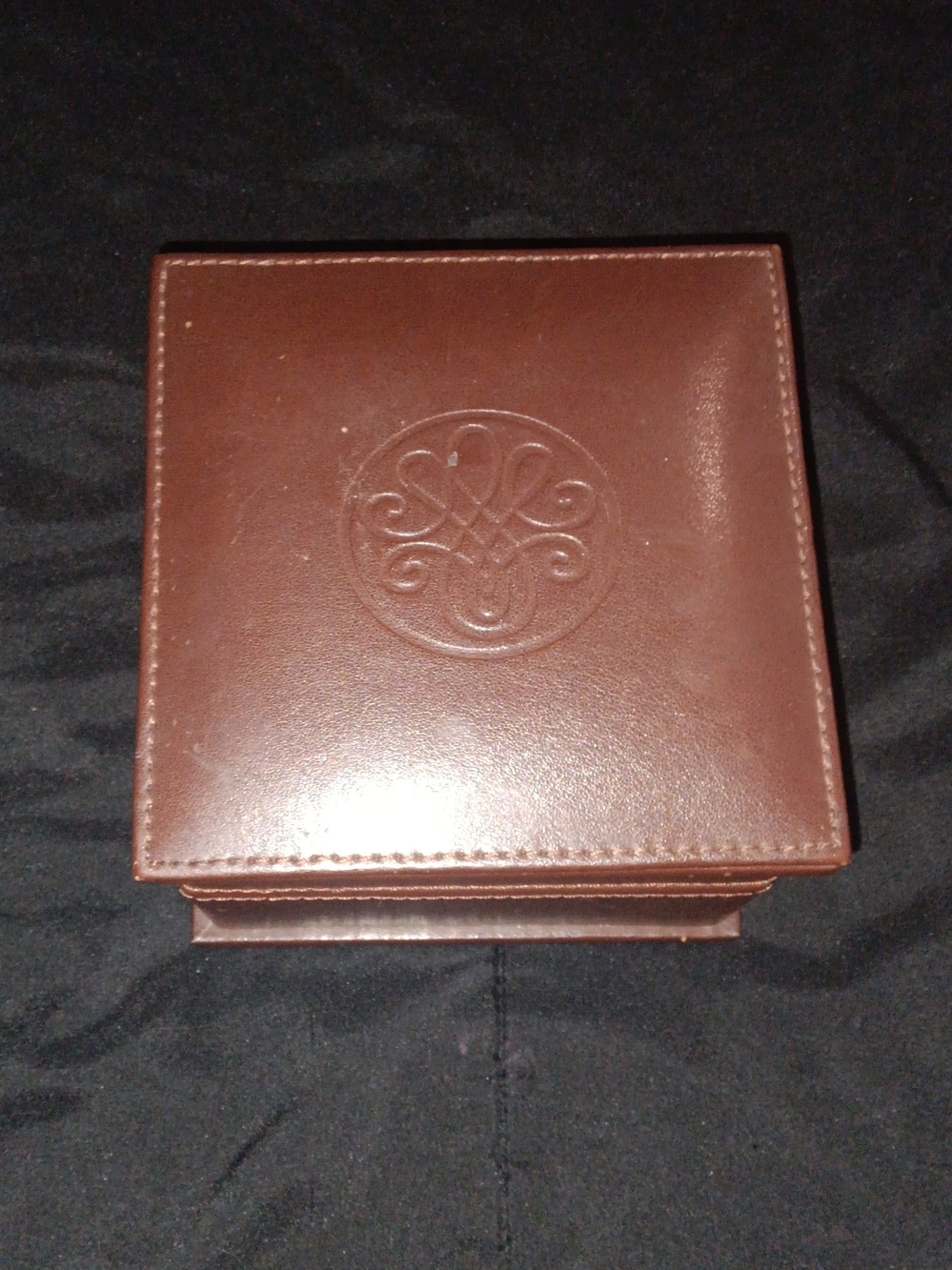 Brown Leather Travel Size Jewelry Storage Box with Embossed Crest